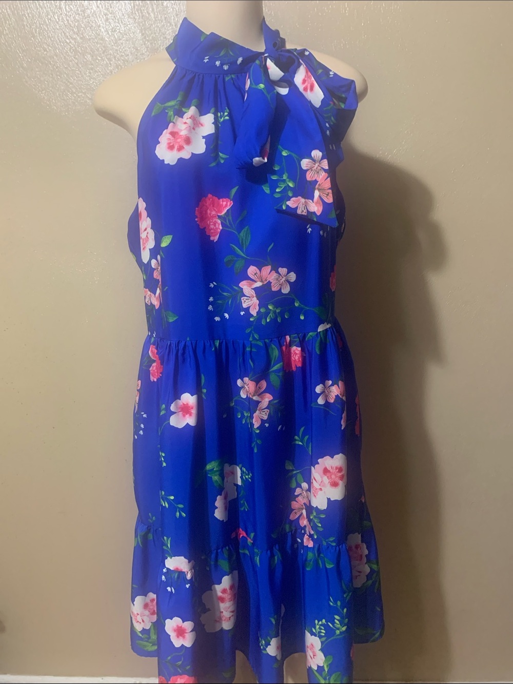 Eliza J size 10 Bright Royal Blue Floral Dress Side Bow Tie Pockets Ruffled